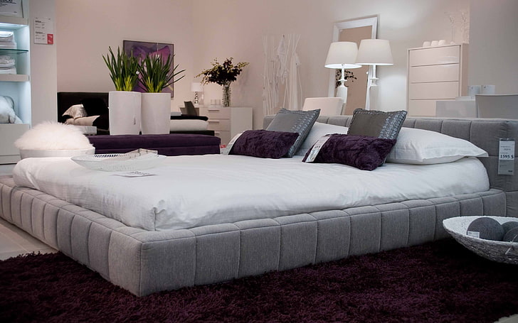 white mattress, room, bed, design, interior, pillow, domestic Room, HD wallpaper