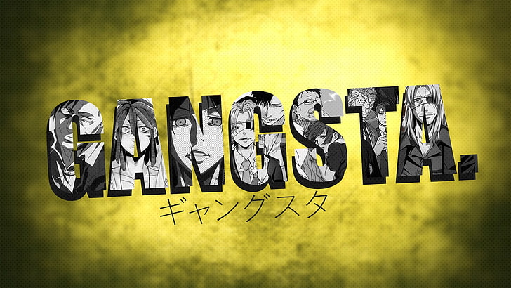 gangsta nicolas brown anime, yellow, text, communication, western script