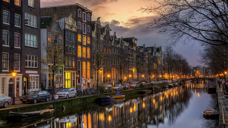 europe, netherlands, amsterdam, reflected, architecture, evening, HD wallpaper