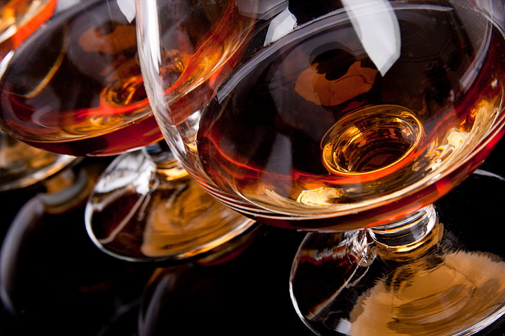 clear wine glass, reflection, glasses, black background, cognac