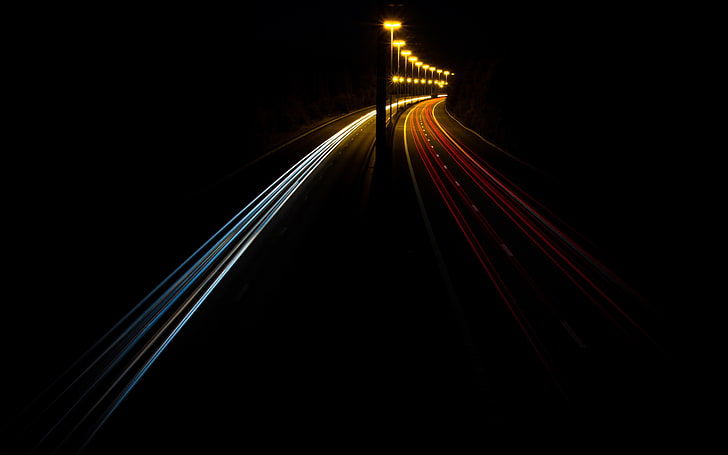 time lapse photo of road, Freeway, lights, long exposure, night, HD wallpaper