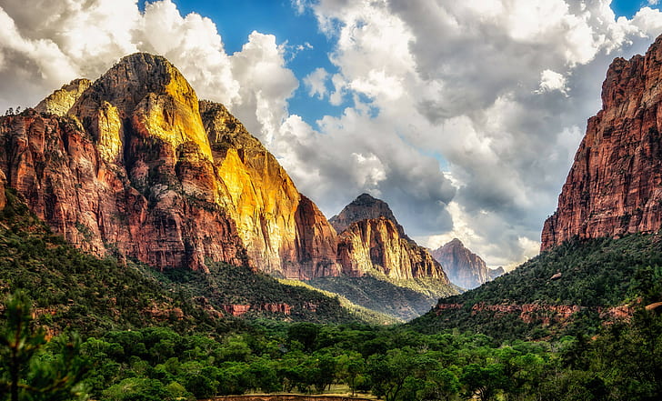 Zion National Park, nature, Utah, clouds, trees