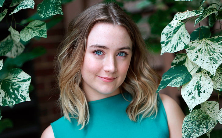 Saoirse Ronan, portrait, looking at camera, headshot, leaf, one person