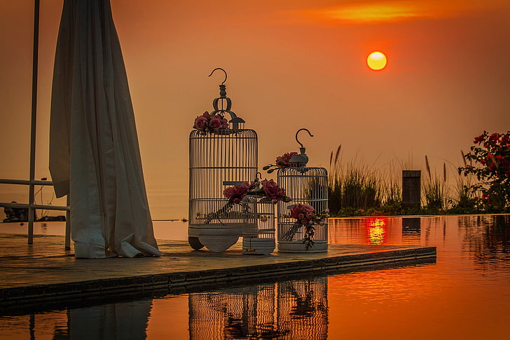 two white birdcage, wedding, cell, love, sunset, swimming pool