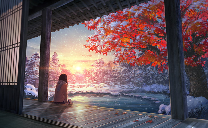 women's white jacket, winter, calm, anime girls, sunset, artwork
