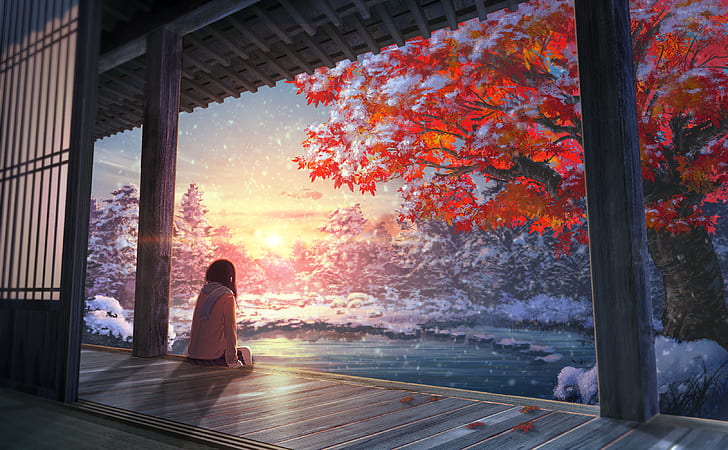 winter, sunset, anime girls, calm, snow, artwork, HD wallpaper