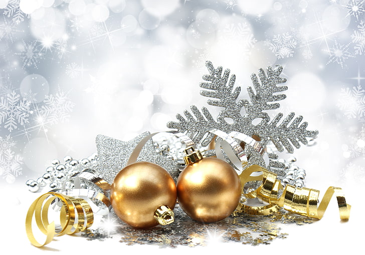 two gold baubles, balls, holiday, toys, New Year, Christmas, serpentine, HD wallpaper