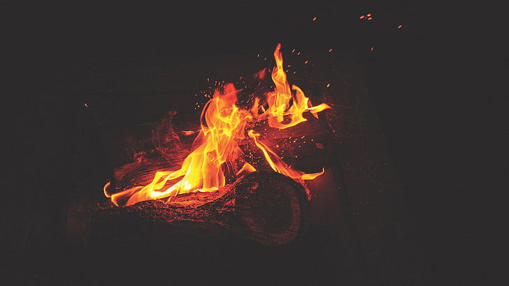 red and yellow flames, log, fire, campfire, burning, heat - temperature, HD wallpaper