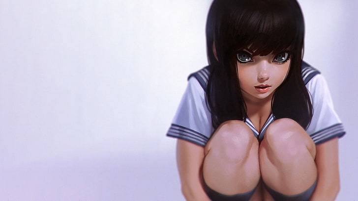 school uniform, squatting, anime girls, brunette, original characters, HD wallpaper