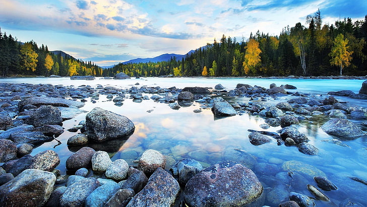 stone, river, water, nature, wilderness, kanas lake, mountain, HD wallpaper