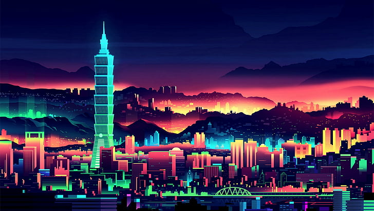 skyscraper, asia, taiwan, taipei, colorful, tower, digital art