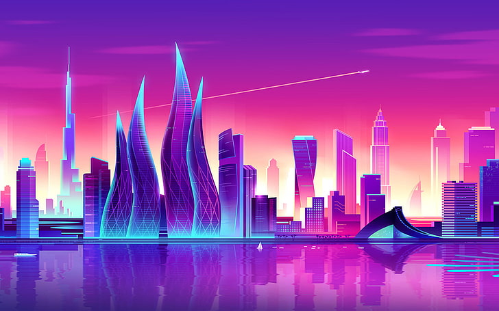 cityscape illustration, photo of purple cityscape illustration