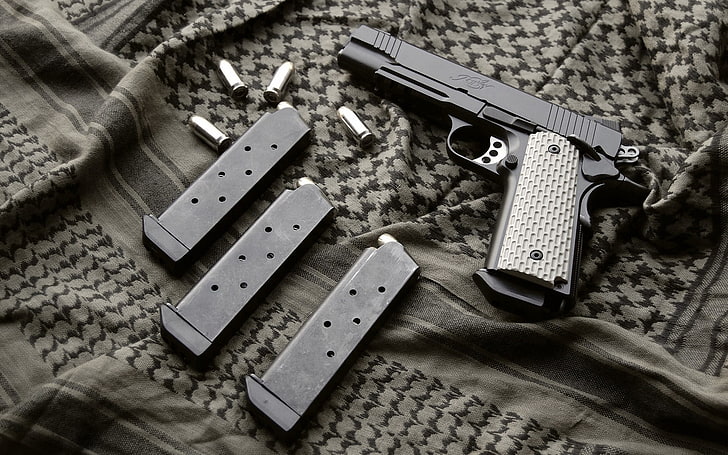 Colt 1911, Kimber Manufacturing, pistol, gun, bullet, high angle view