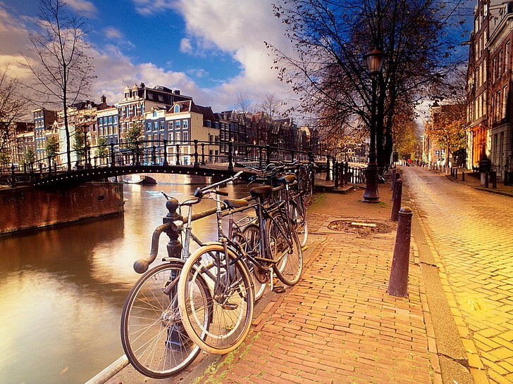 Amsterdam, Netherlands, canal, cityscape, street, bicycle, transportation