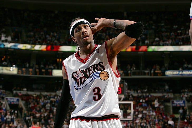 white and red NBA jersey, basketball, Allen Iverson, Philadelphia 76ers, HD wallpaper