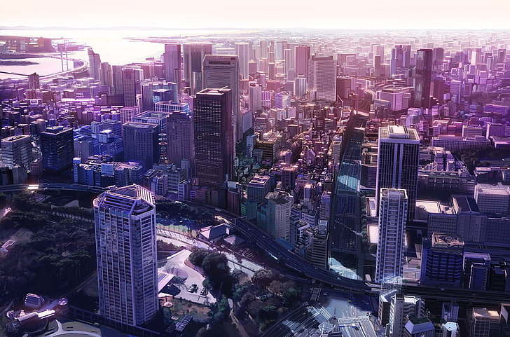 high rise buildings, city, cityscape, anime, artwork, building exterior, HD wallpaper