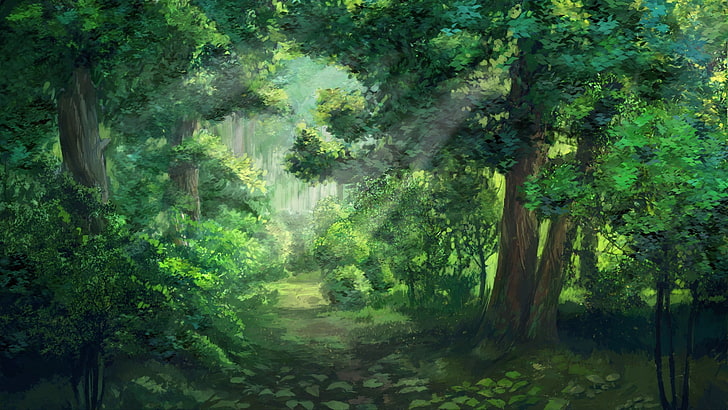green tress illustration, sunlight, forest, Everlasting Summer, HD wallpaper