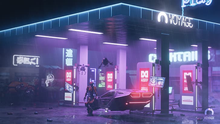 cyberpunk, neon, gas station, dystopian, robotic, neon sign