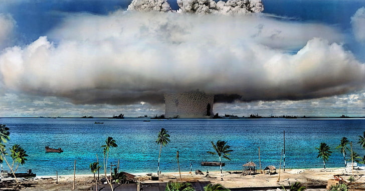 explosion in the middle of ocean during daytime, nuclear, bombs