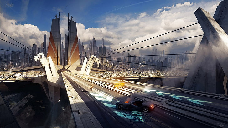 black vehicle and gray bridge digital wallpaper, futuristic city