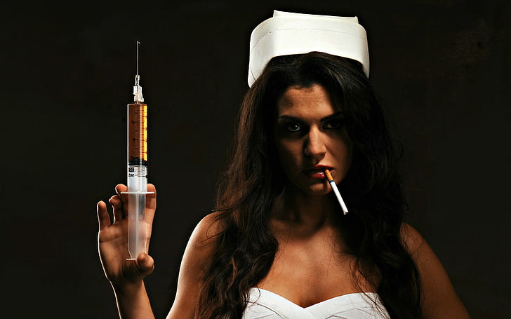 women's white nurse costume, girl, cigarette, syringe, Khan you my friend
