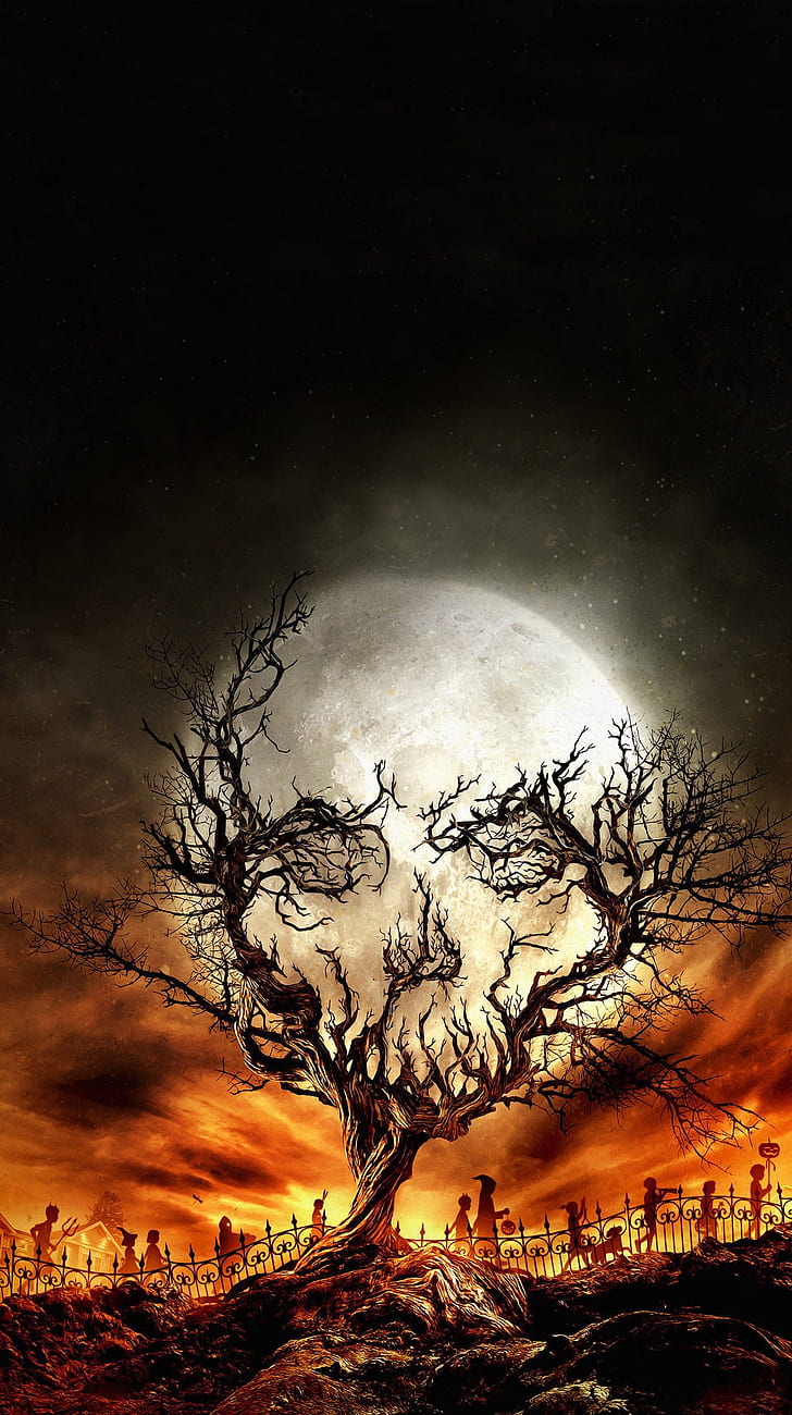 digital art portrait display nature trees skull moon stars spooky halloween silhouette imagination roots sky night branch optical illusion fence