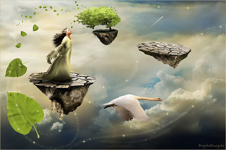 Dreaming Among Clouds, lady, fantasy, bird, 3d and abstract, HD wallpaper