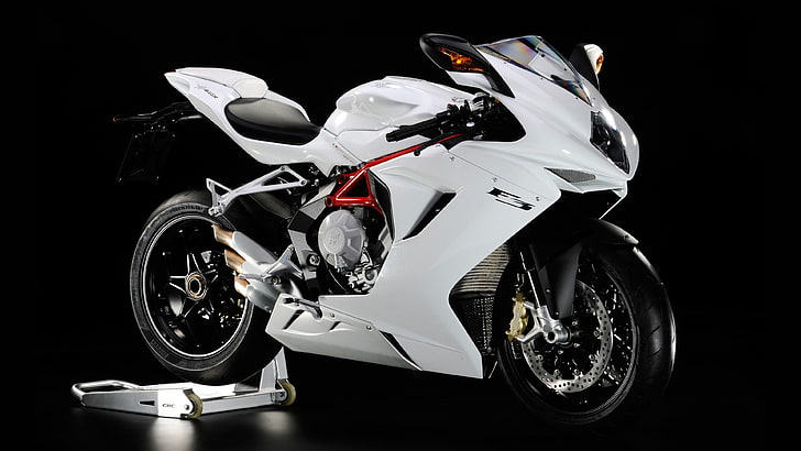 white sport bike, motorcycle, black background, MV agusta, MV Agusta f3 800