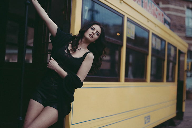 Aurela Skandaj, women, model, face, blue eyes, tram, HD wallpaper