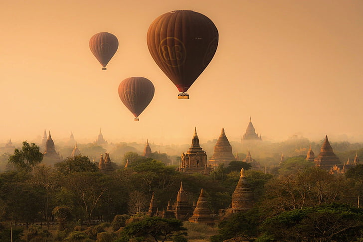 Man Made, Bagan, Hot Air Balloon, Myanmar, Panorama, HD wallpaper