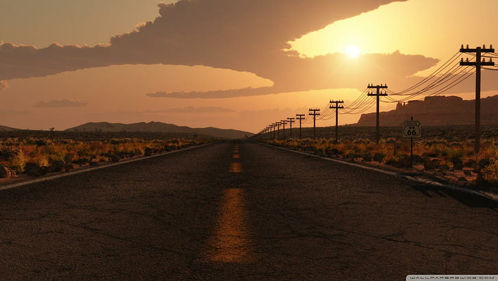 Route 66, mountains, electric poles, desert, clouds, nature and landscapes