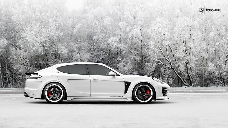 white sedan, Porsche Panamera, snow, car, white cars, mode of transportation