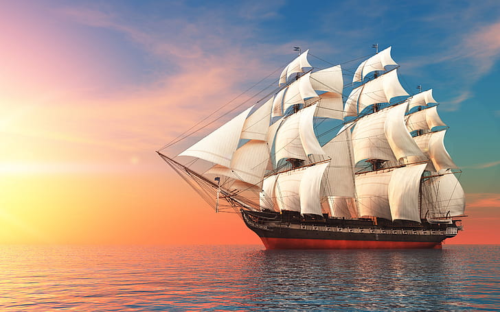 sailing ship, sea, sunset, retouching, HD wallpaper