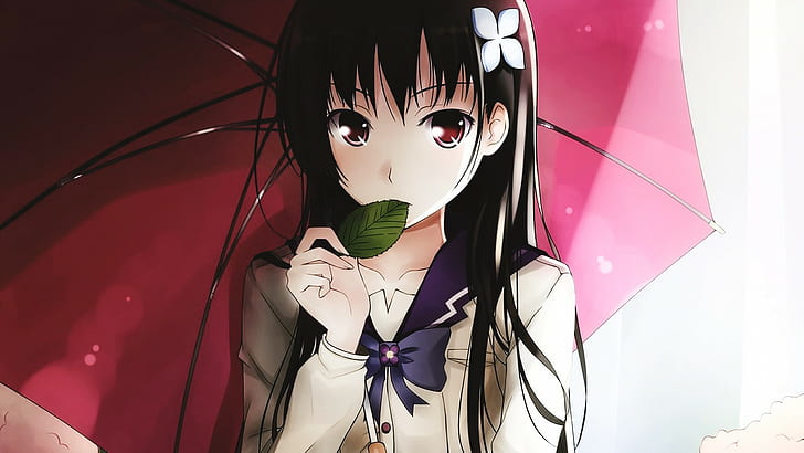 umbrella, black hair, Sanka Rea, anime, hair ornament, simple background