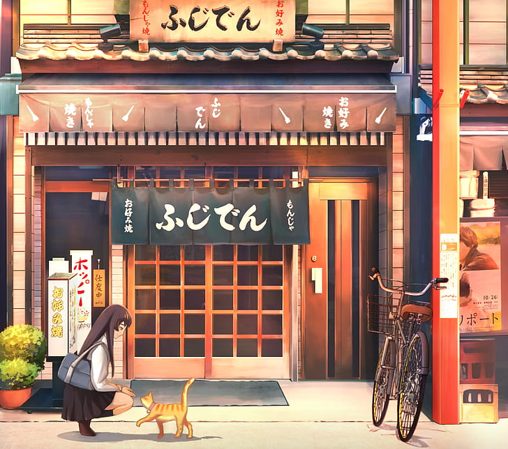 HD wallpaper: Anime, Original, Bicycle, Cat, Girl, Shop | Wallpaper Flare