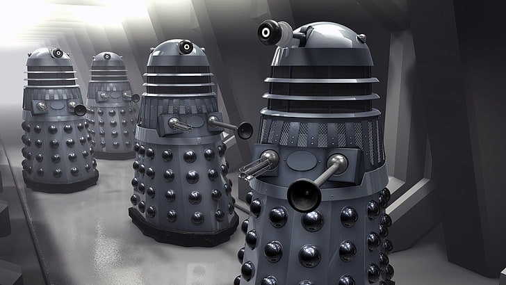 four black robots illustration, Doctor Who, The Doctor, Daleks