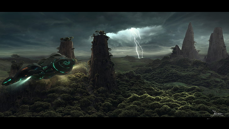spaceship and mountains wallpaper, render, Dragos Jieanu, futuristic