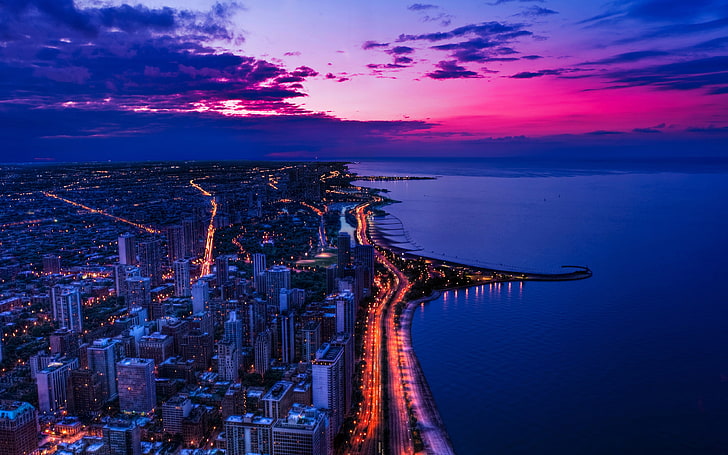 chicago, city, night, sky, view, scape, ocean, beach, architecture, HD wallpaper