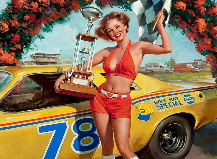 Pin-up Racer Girl, women's orange bassiere, Vintage, one person, HD wallpaper