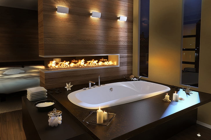 white ceramic bathtub, interior, bathroom, bedroom, candles, fire