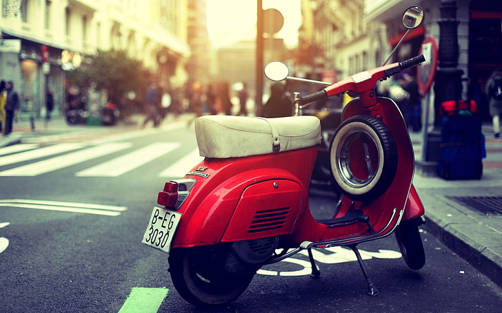 Scooter Vespa, red vesta parked on bike lane, Motorcycles, Scooters, HD wallpaper