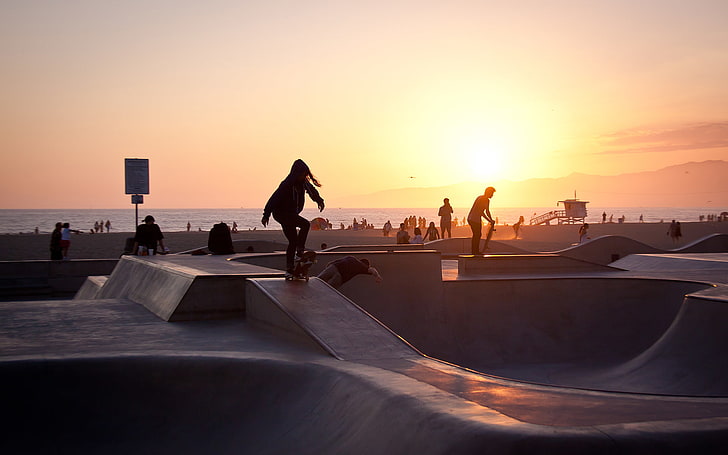 silhouette of man skating, summer, california, sunset, usa, los angeles