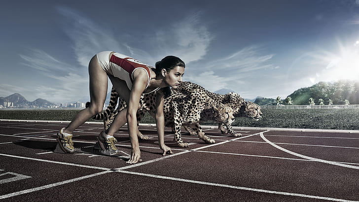 Creative pictures, athletes and cheetah race, HD wallpaper