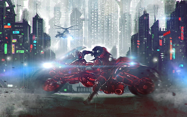 red motorcycle, man riding red motorcycle wallpaper, Akira, cityscape