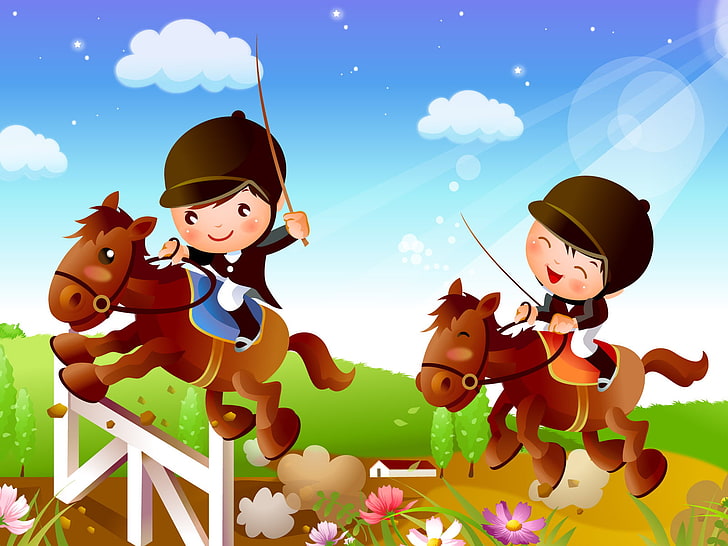 1024x600px | free download | HD wallpaper: Kids Sports, two person riding  horse illustration, Cartoons, tree | Wallpaper Flare
