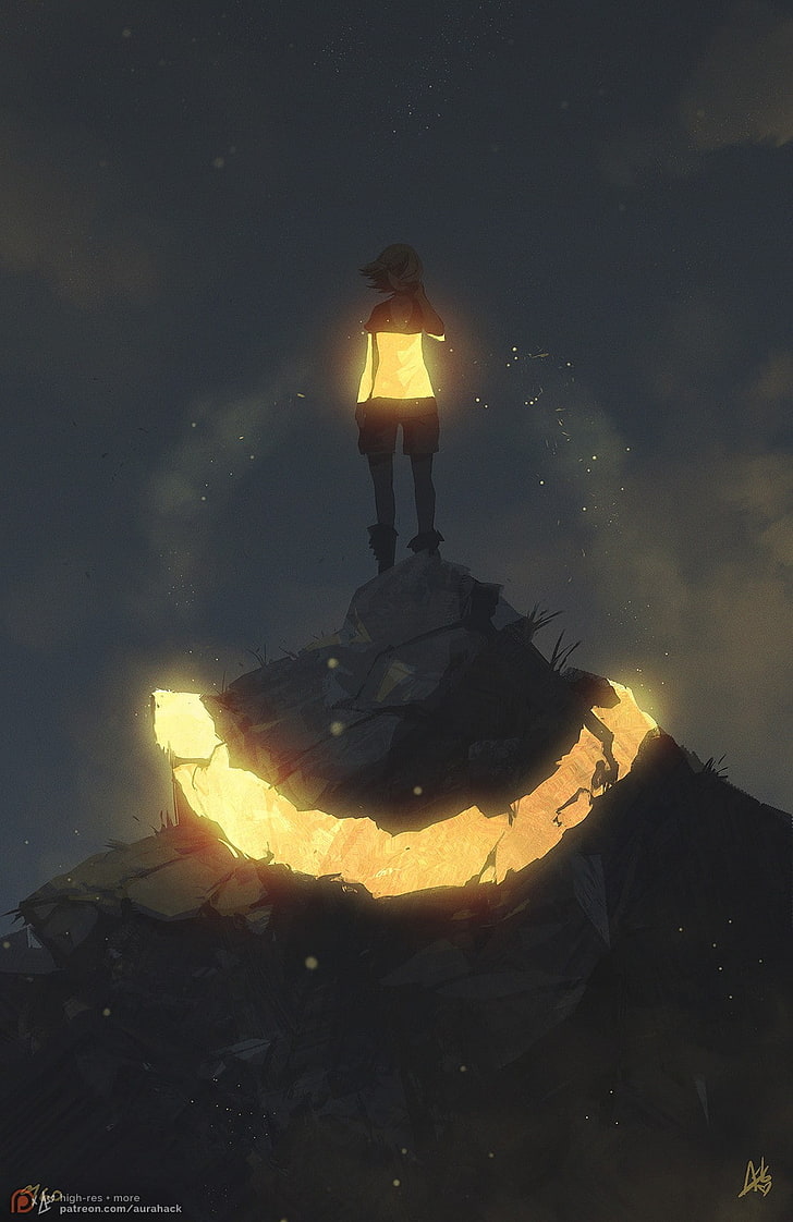 magic circle, anime, one person, night, nature, sky, standing