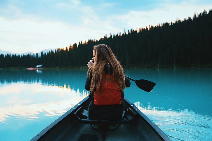 boat, rowing, river, women, forest, portrait, water, lake, beauty in nature