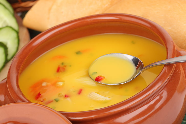 brown ceramic soup bowl, spoon, dish, food, vegetable, meal, dinner