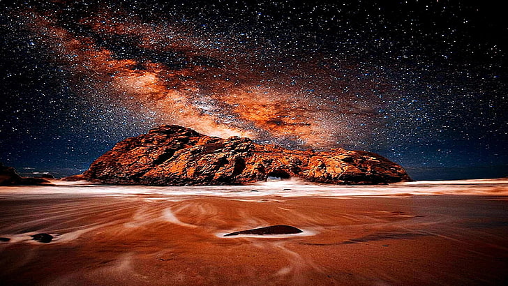 desert, night, rocks, stars, night sky, milky way, starry night, HD wallpaper