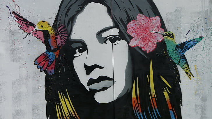 women, face, flowers, birds, artwork, flower in hair, HD wallpaper
